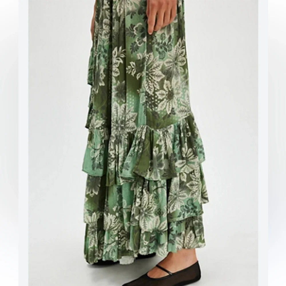 FREE PEOPLE MARIETTA MAXI SKIRT IN GREEN COMBO NEW